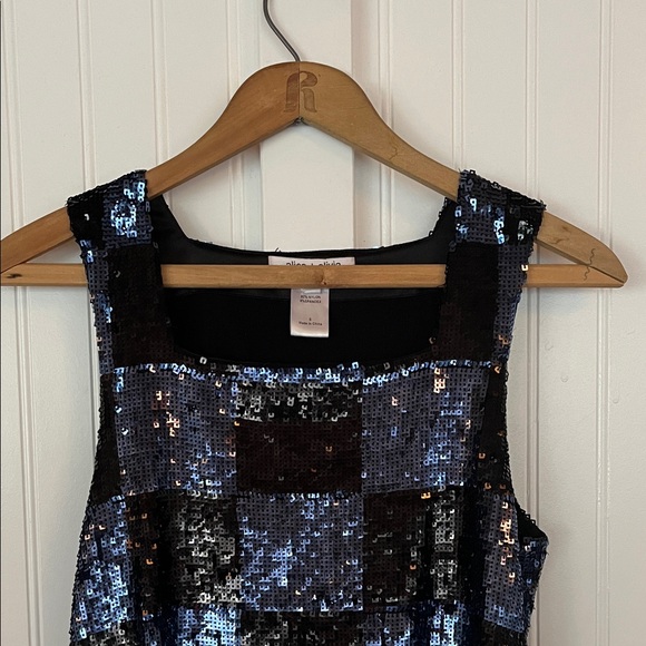 Alice + Olivia Black and Blue Sequin Mini Dress Small Check Checkerboard Pattern - Picture 11 of 12